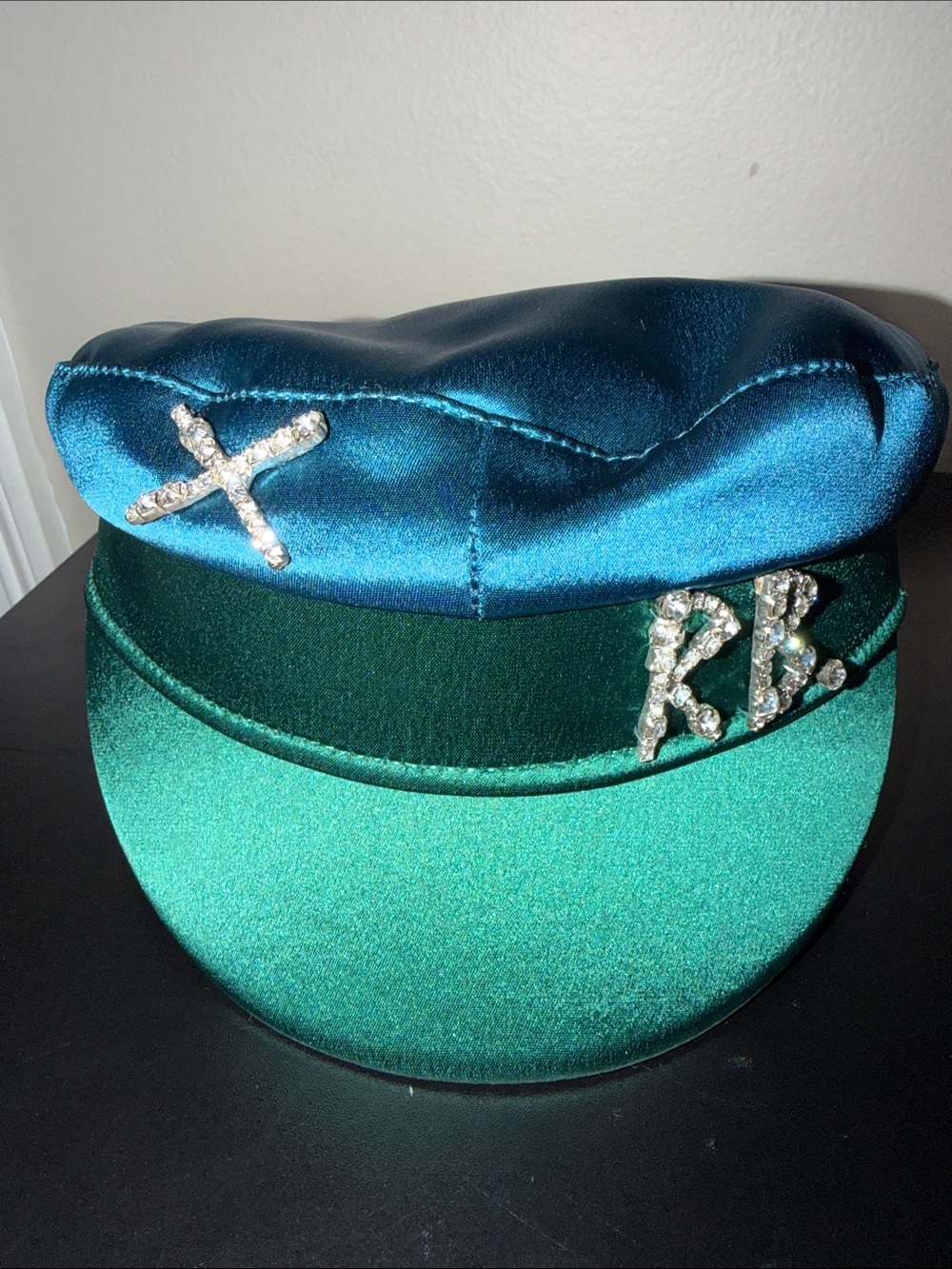 Satin Kids Sailor Cap with Rhinestone Accents - Teal and Emerald